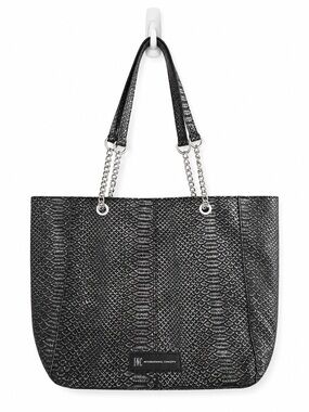 INC International Concepts Black Gray Snake-Embossed Tote with Chain Handles